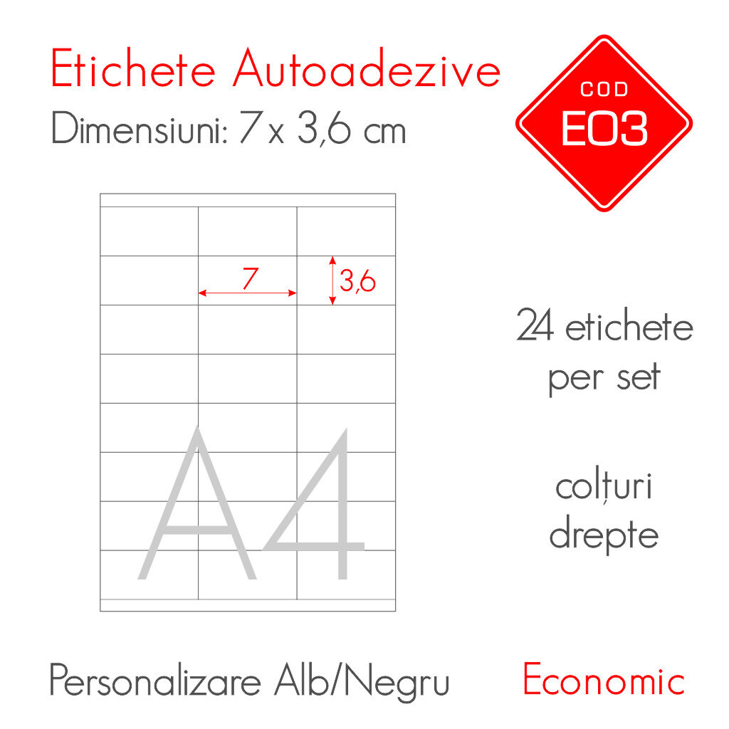 Etichete Autoadezive Personalizate Alb/Negru 70 x 36 mm | Economic Economic E03 B
