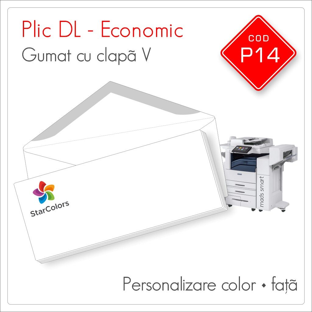 Plicuri Personalizate DL | Clapa V Gumata | Color | Personalizare Fata | Economic | Cod P14 - Mads Smart